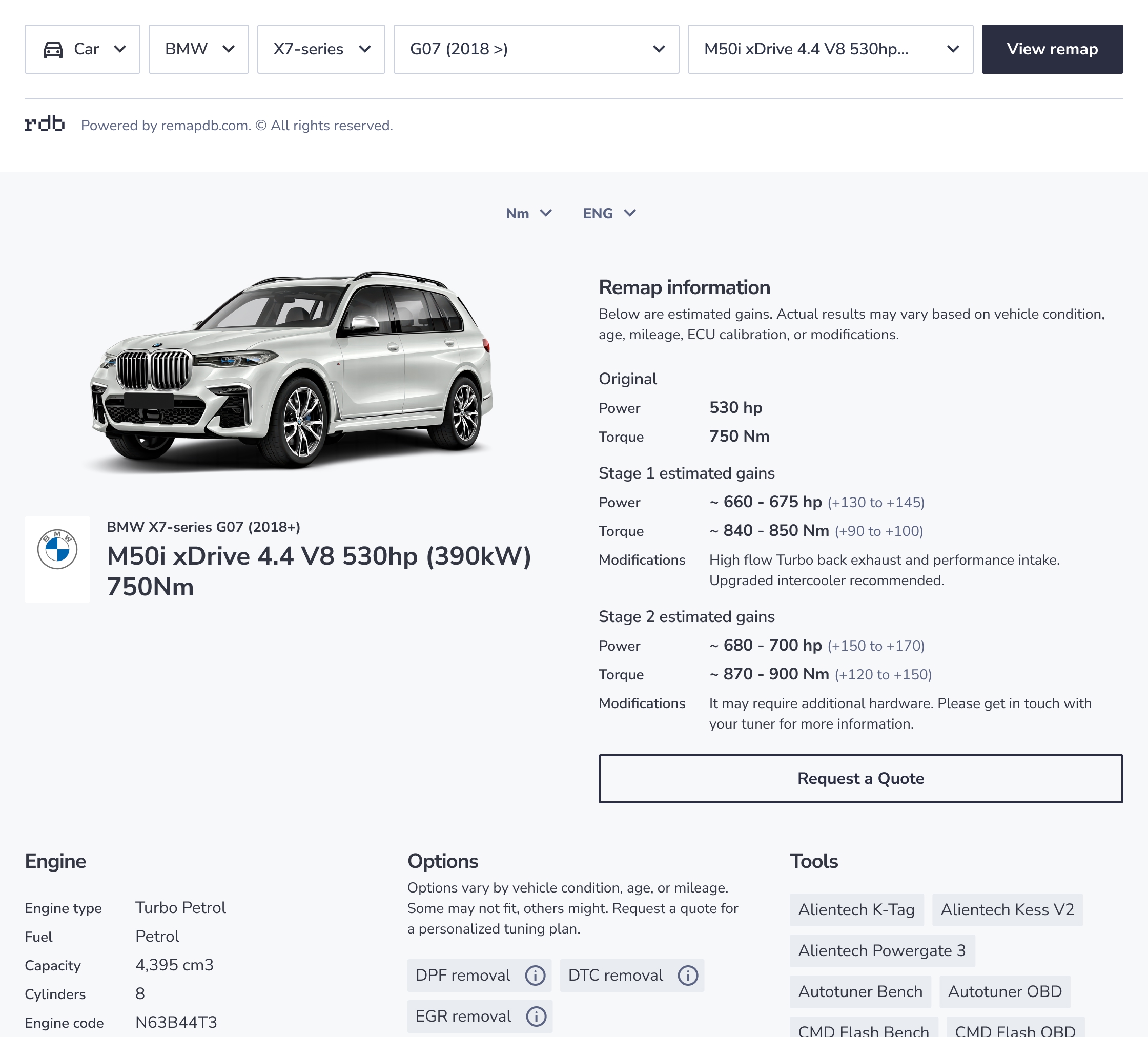 Remapdb website widget showing vehicle selection, a BMW X7 and estimated ECU calibration data